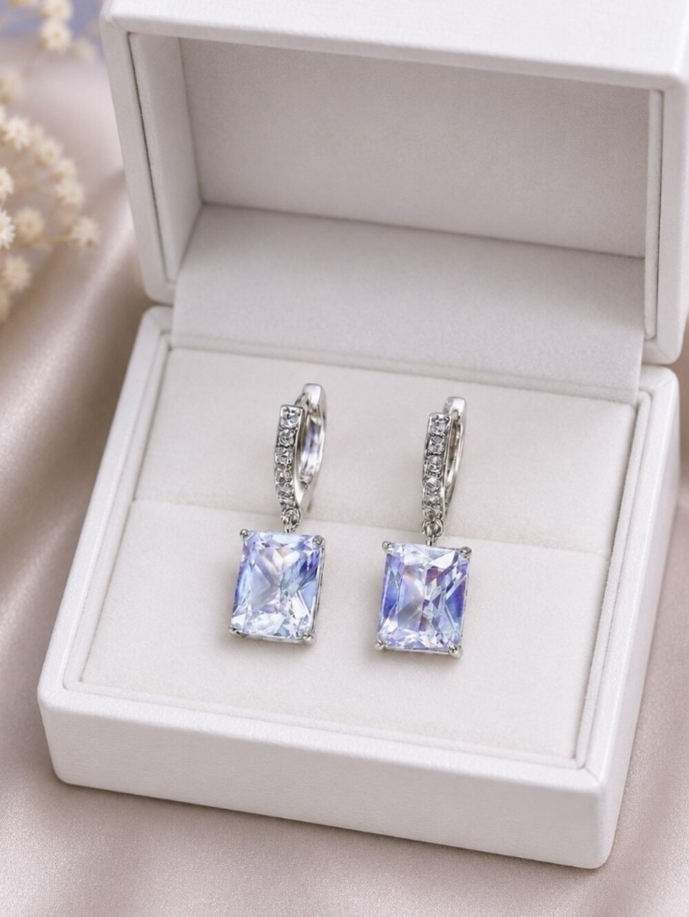 White Topaz Drop Earrings Princess Cut Huggie Hoop
